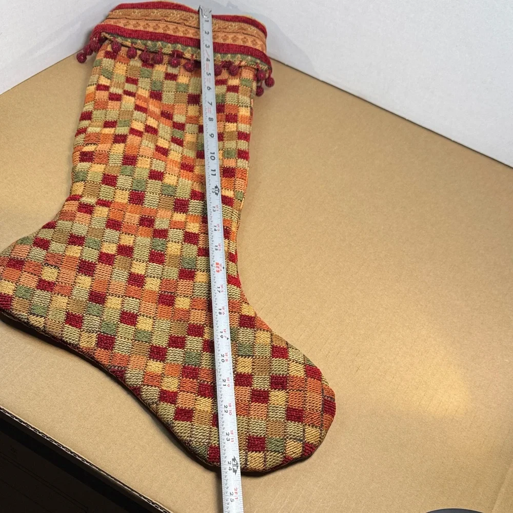 Pair of Swanky Tapestry Christmas Stockings Leopard Checkered Print Velvet Beads